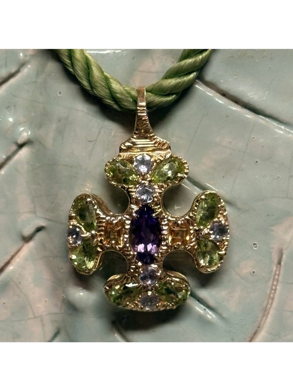 14K Gold and Semi Precious Gemstone Pendant on Green Rope w/ 14Kk Gold Findings